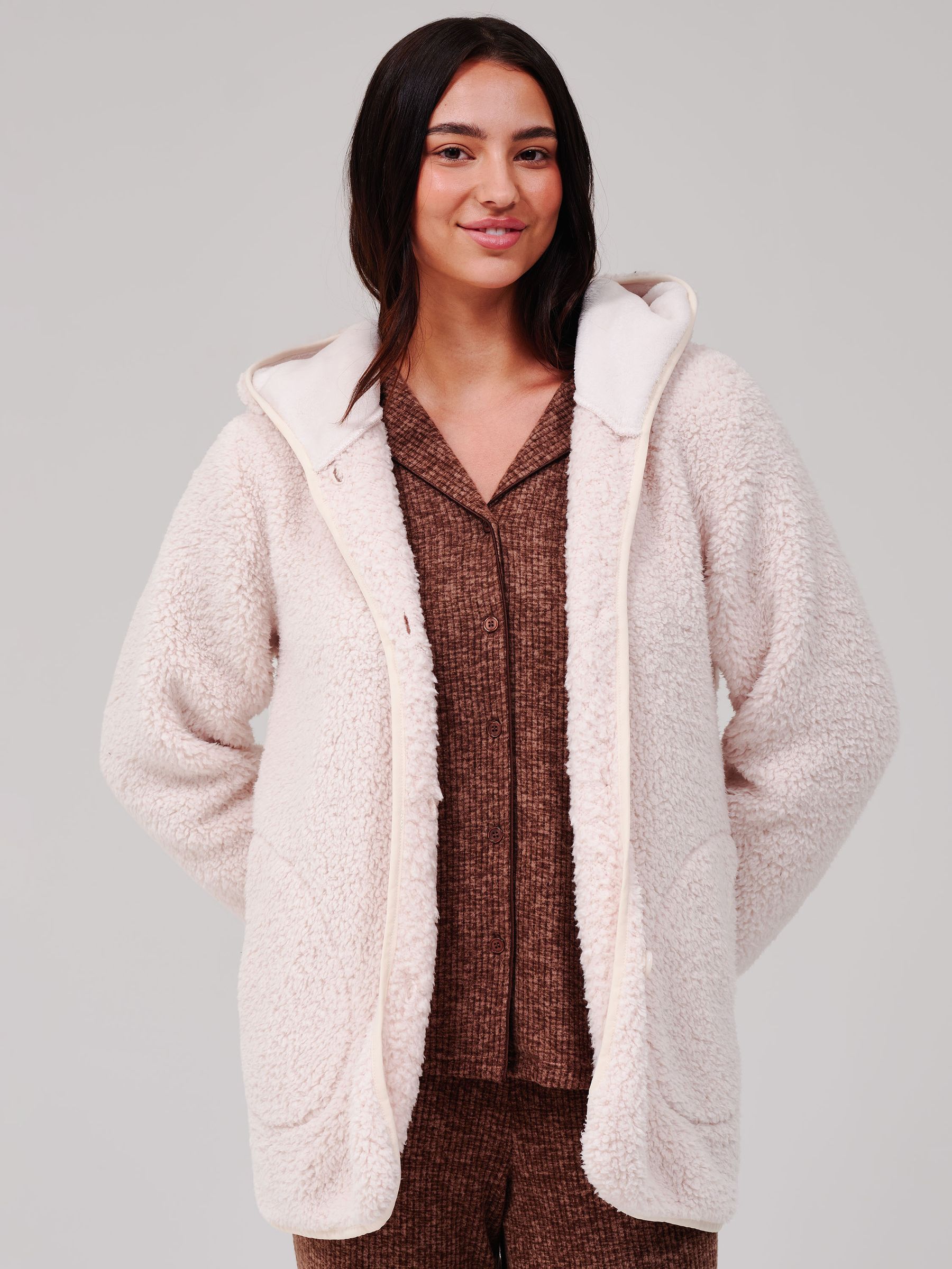 Buy Loungeable Cream Borg Button Lounge Hooded Cardigan from the Next ...
