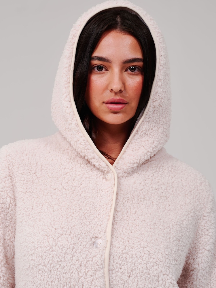 Loungeable Cream Borg Button Lounge Hooded Cardigan - Image 6 of 6