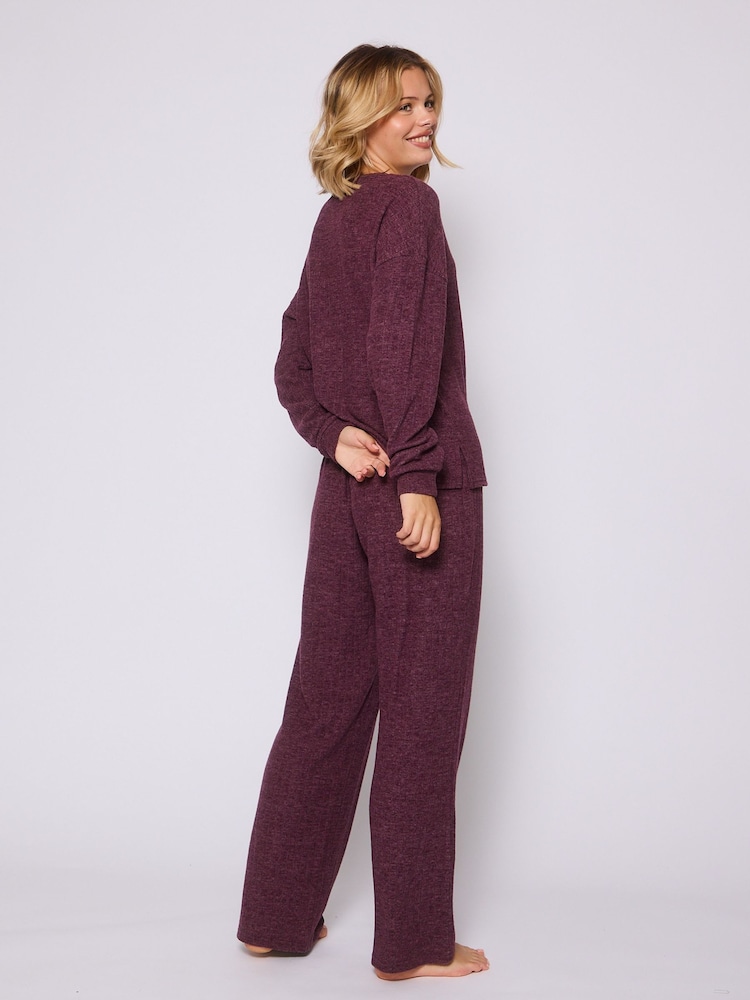 Loungeable Purple Brushed Rib Jumper and Wide Leg Trousers Set - Image 6 of 6 Loungeable Purple Brushed Rib Jumper and Wide Leg Trousers Set - Image 6 of 6