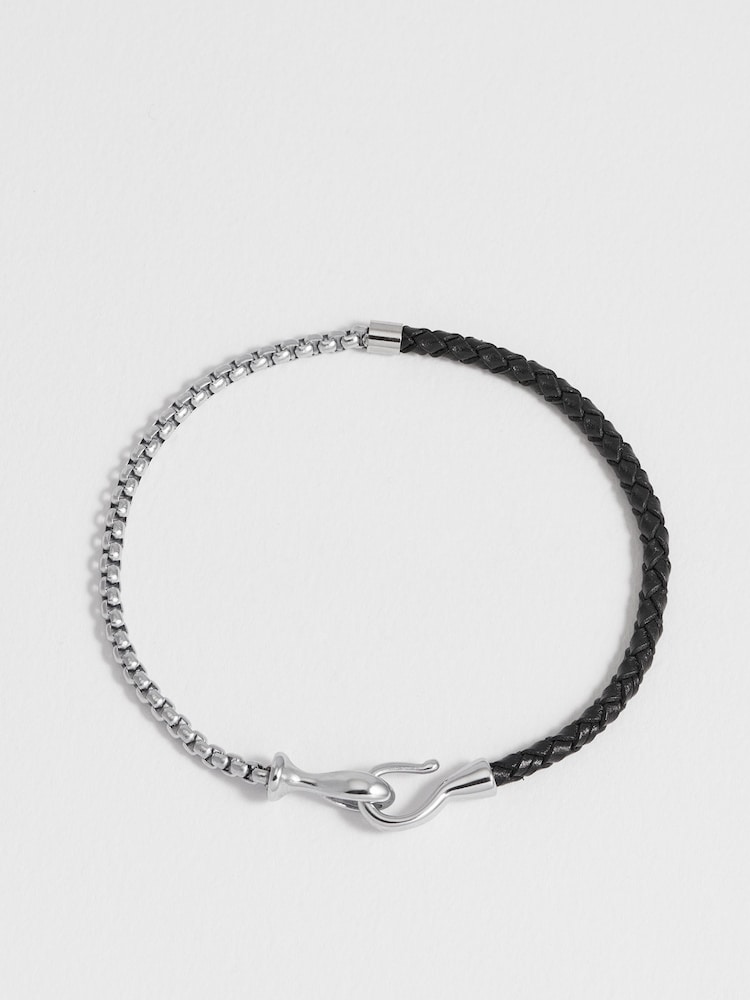 Bartlett Mens Silver Tone Chain Hook and Black Leather Bracelet - Image 4 of 4
