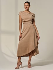 Jolie Moi Natural Asymmetric Draped Midi Dress - Image 1 of 6