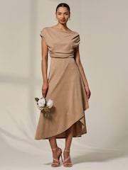 Jolie Moi Natural Asymmetric Draped Midi Dress - Image 4 of 6