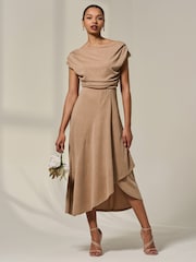 Jolie Moi Natural Asymmetric Draped Midi Dress - Image 5 of 6