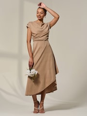 Jolie Moi Natural Asymmetric Draped Midi Dress - Image 6 of 6