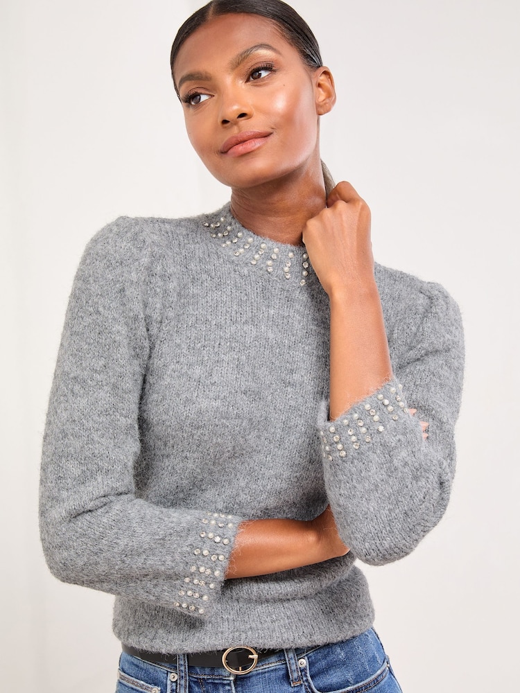 Lipsy Grey Embellished Neck 3/4 Sleeve Knitted Jumper - Image 1 of 4 Lipsy Grey Embellished Neck 3/4 Sleeve Knitted Jumper - Image 1 of 4