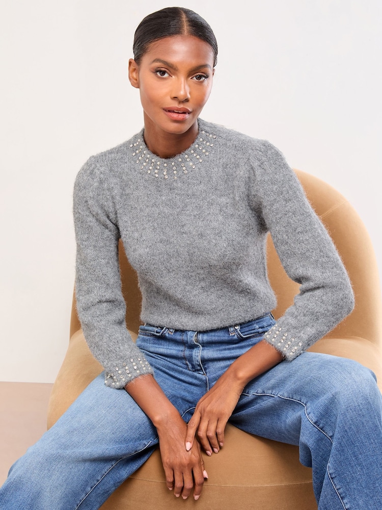 Lipsy Grey Embellished Neck 3/4 Sleeve Knitted Jumper - Image 2 of 4 Lipsy Grey Embellished Neck 3/4 Sleeve Knitted Jumper - Image 2 of 4