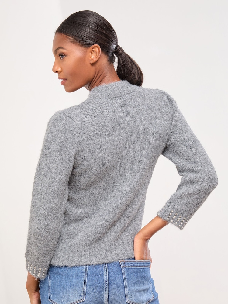 Lipsy Grey Embellished Neck 3/4 Sleeve Knitted Jumper - Image 4 of 4