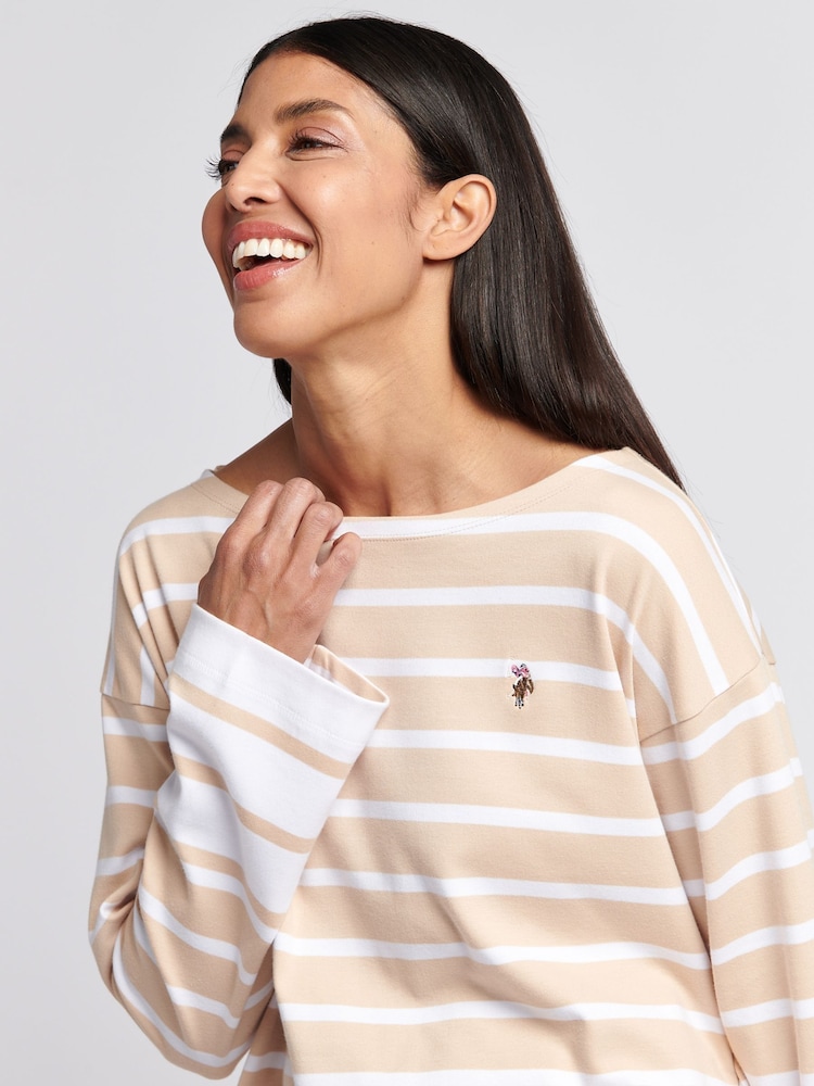 U.S. Polo Assn Natural Womens Colour Block Stripe Boatneck T-Shirt - Image 5 of 8