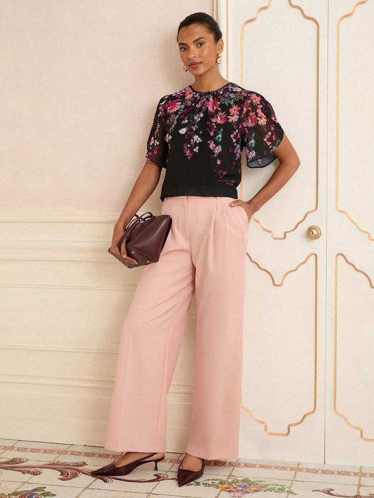 Love & Roses Black Floral Print Crew Neck Short Sleeve Blouse - Image 2 of 4