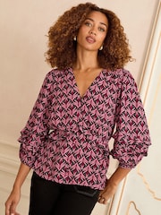 Pink Geo Print - Blusa peplum com decote em V Love & Roses 3/4 e manga - Imagem 1 de 4