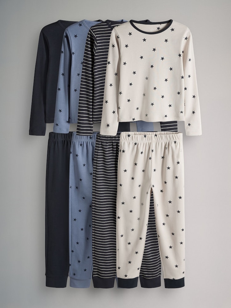 The Set Navy Blue/Cream/Stripe 4 Pack Snuggle Fit Cotton Jersey Pyjamas Set - Image 1 of 7 The Set Navy Blue/Cream/Stripe 4 Pack Snuggle Fit Cotton Jersey Pyjamas Set - Image 1 of 7