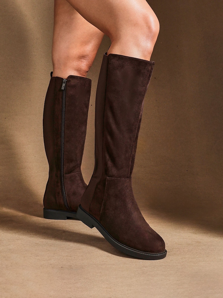 Linzi Brown Wide Fit Wide Fit Steel High Leg Boots With Stretch Panel - Image 1 of 5