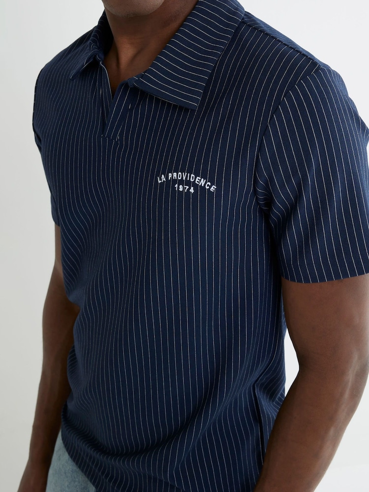 River Island Blue Slim Fit Stripe Open Neck Polo Shirt - Image 4 of 4