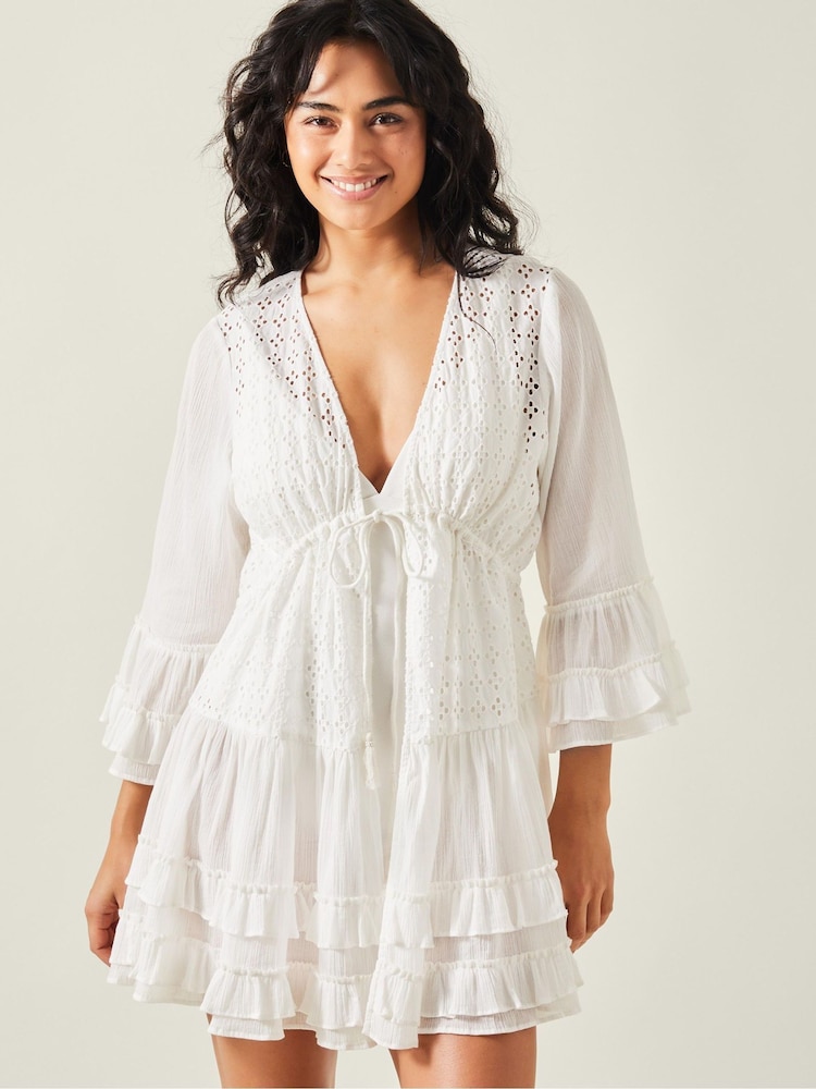 Accessorize White Broderie Ruffle Mini Kaftan Coverup - Image 1 of 4