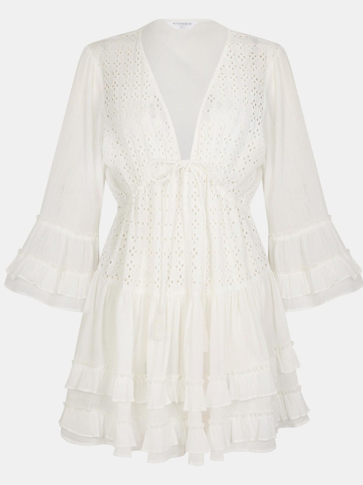 Accessorize White Broderie Ruffle Mini Kaftan Coverup - Image 4 of 4