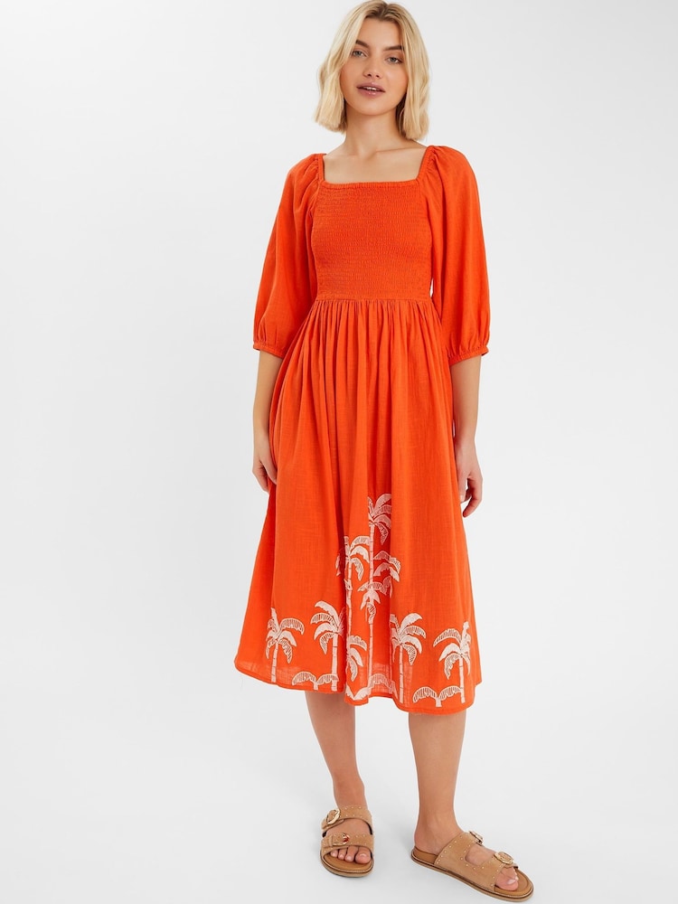 Accessorize Orange Palm Embroidered Puff Sleeve Midi Dress - Image 1 of 4
