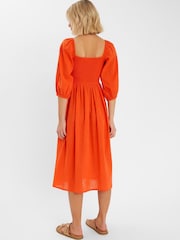 Accessorize Orange Palm Embroidered Puff Sleeve Midi Dress - Image 3 of 4