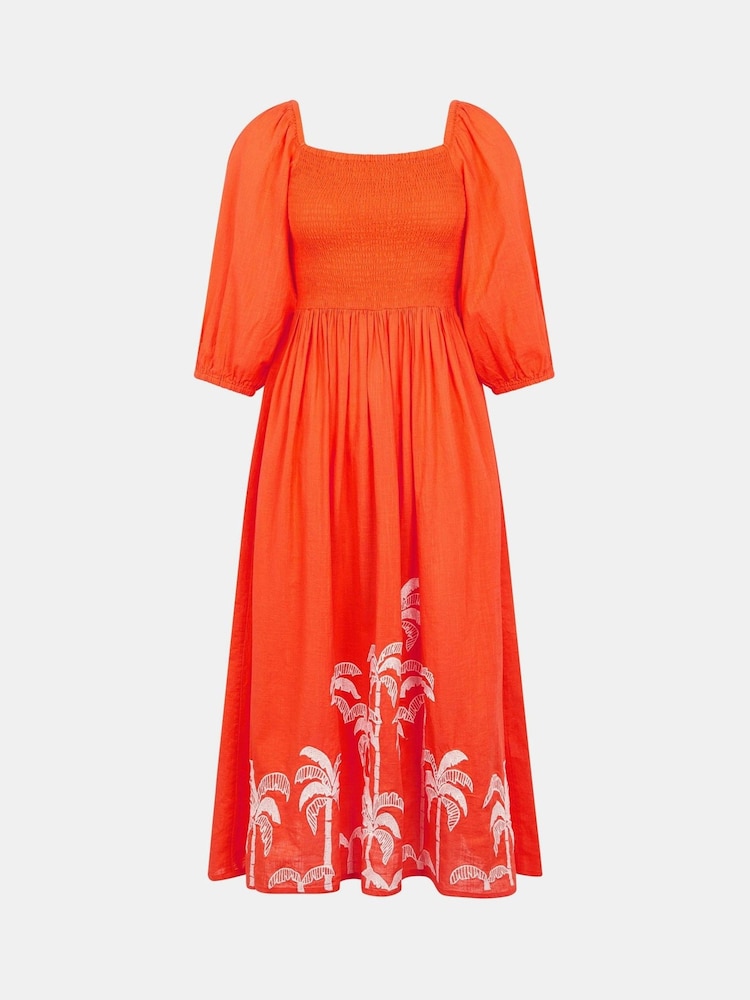 Accessorize Orange Palm Embroidered Puff Sleeve Midi Dress - Image 4 of 4