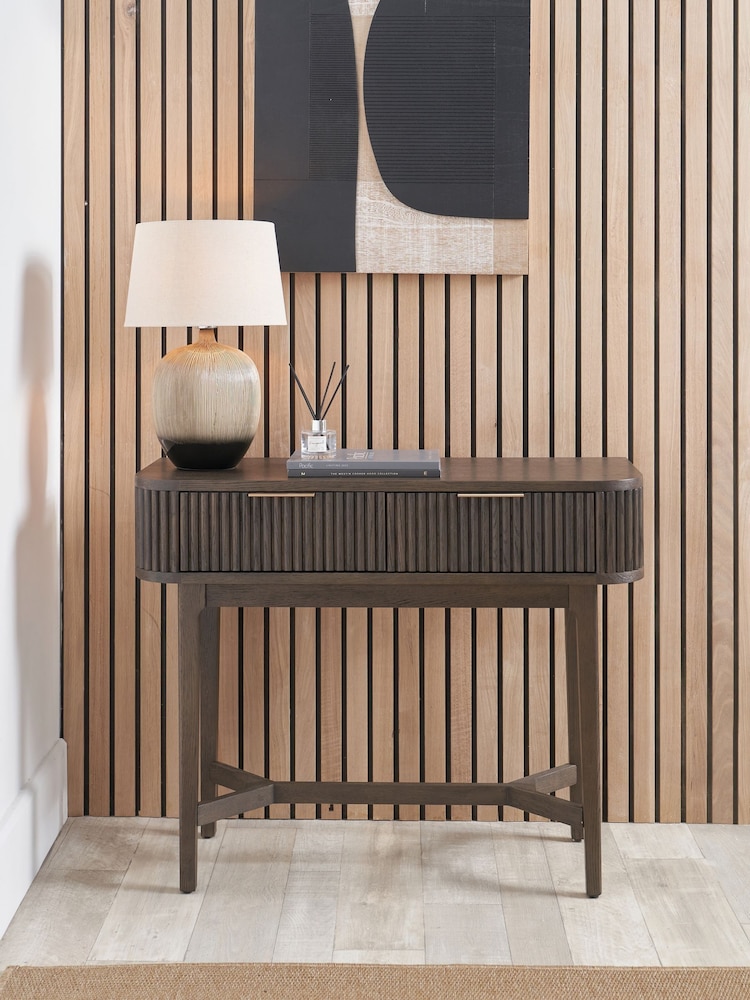 Pacific Brown Raie Ribbed Wood Veneer 2 Drawer Console Table - Image 1 of 6