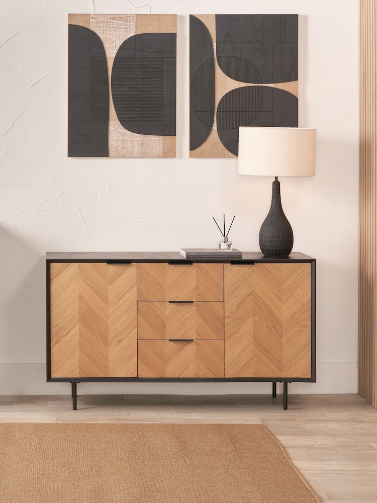 Pacific Black Hailee Chevron Wood Veneer 2 Door 3 Drawer Sideboard - Image 1 of 6
