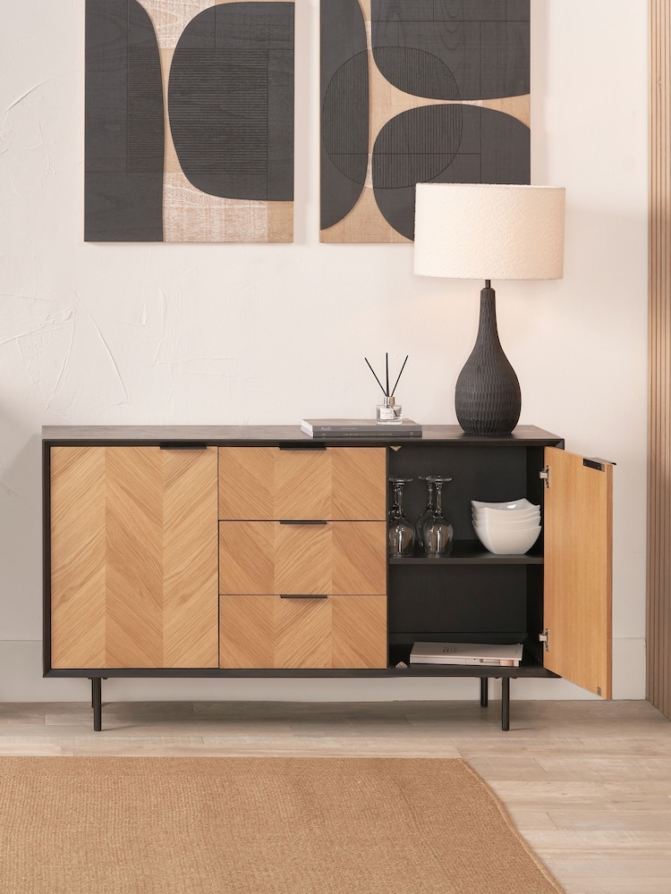 Pacific Black Hailee Chevron Wood Veneer 2 Door 3 Drawer Sideboard - Image 2 of 6