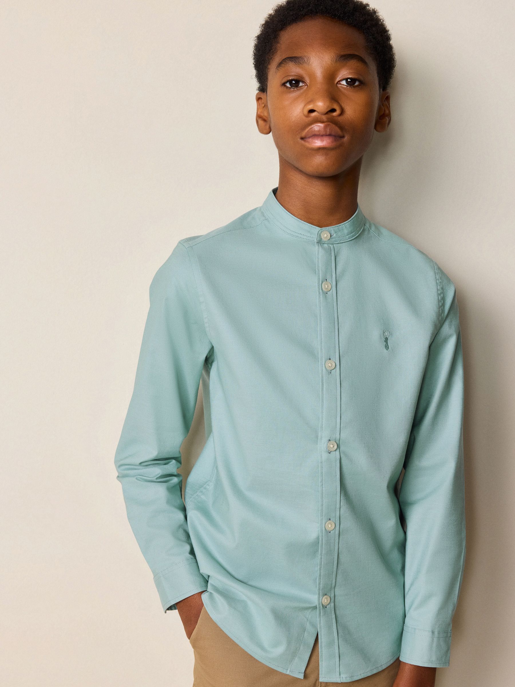 Buy Mineral Green Long Sleeve Grandad Collar Oxford Shirt (3-16yrs