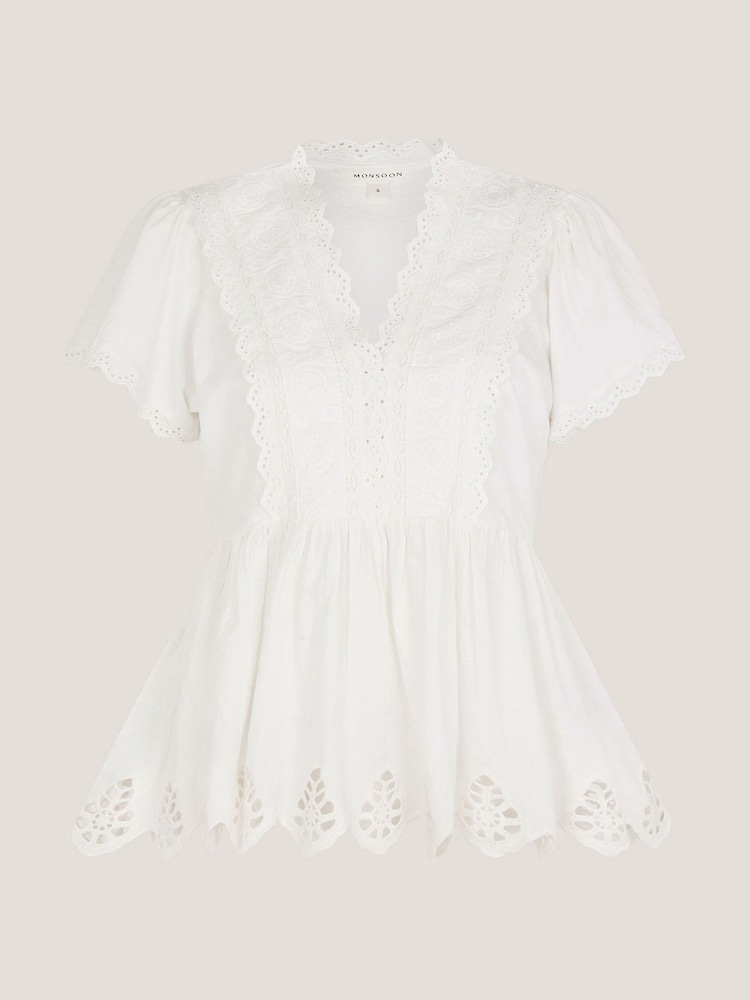 Monsoon Natural Dee Broderie Jersey Top - Image 5 of 5