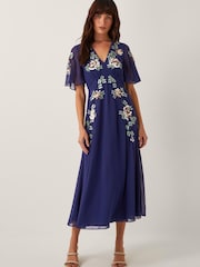 Monsoon Blue Cora Floral Print Embellished Midi Tea Dress - Image 1 of 5