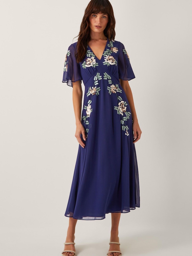 Monsoon Blue Cora Floral Print Embellished Midi Tea Dress - Image 1 of 5