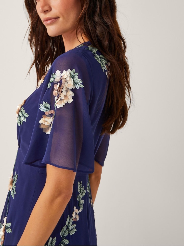 Monsoon Blue Cora Floral Print Embellished Midi Tea Dress - Image 2 of 5