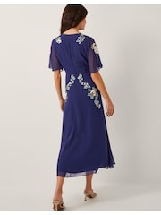 Monsoon Blue Cora Floral Print Embellished Midi Tea Dress - Image 3 of 5