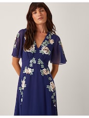 Monsoon Blue Cora Floral Print Embellished Midi Tea Dress - Image 4 of 5