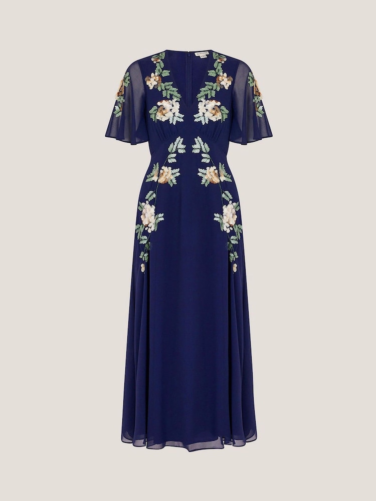 Monsoon Blue Cora Floral Print Embellished Midi Tea Dress - Image 5 of 5