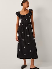 Monsoon Black Daisy Frill Embroidered Midi Dress - Image 1 of 4