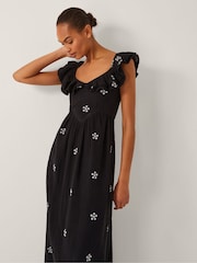 Monsoon Black Daisy Frill Embroidered Midi Dress - Image 4 of 4