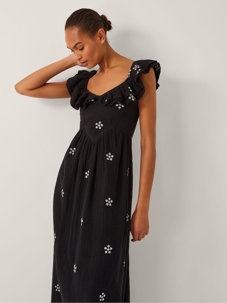 Monsoon Black Daisy Frill Embroidered Midi Dress - Image 4 of 4