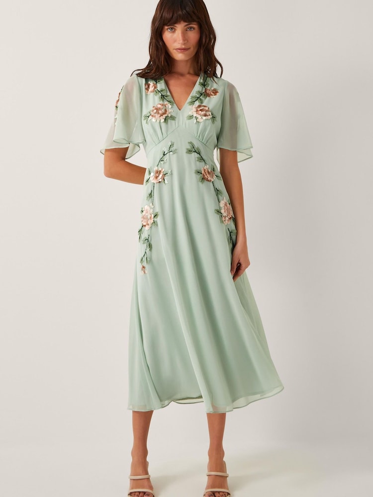 Monsoon Green Cora Embellished Floral Print Midi Dress - Image 1 of 4