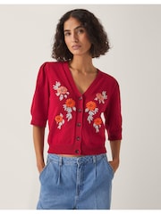 Monsoon Red Ellen Short Sleeve Floral Print Embroidered Cardigan - Image 1 of 5
