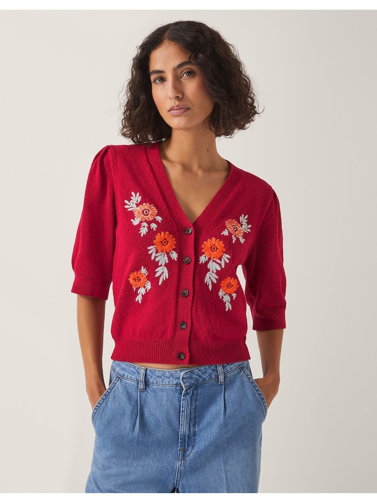 Monsoon Red Ellen Short Sleeve Floral Print Embroidered Cardigan - Image 1 of 5 Monsoon Red Ellen Short Sleeve Floral Print Embroidered Cardigan - Image 1 of 5