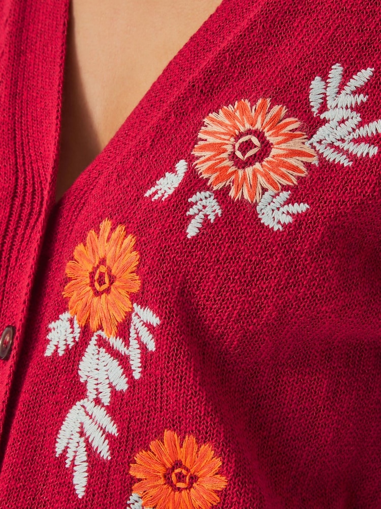 Monsoon Red Ellen Short Sleeve Floral Print Embroidered Cardigan - Image 2 of 5