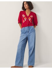 Monsoon Red Ellen Short Sleeve Floral Print Embroidered Cardigan - Image 4 of 5