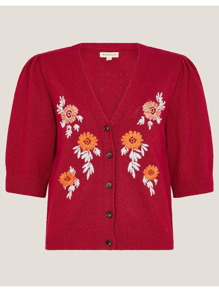 Monsoon Red Ellen Short Sleeve Floral Print Embroidered Cardigan - Image 5 of 5