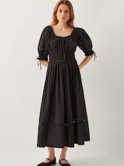 Monsoon Black Riley Puff Sleeve Embroidered Midi Dress - Image 1 of 5