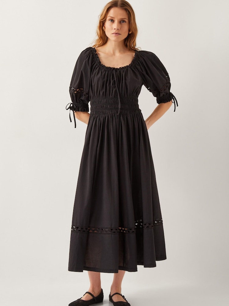 Monsoon Black Riley Puff Sleeve Embroidered Midi Dress - Image 1 of 5