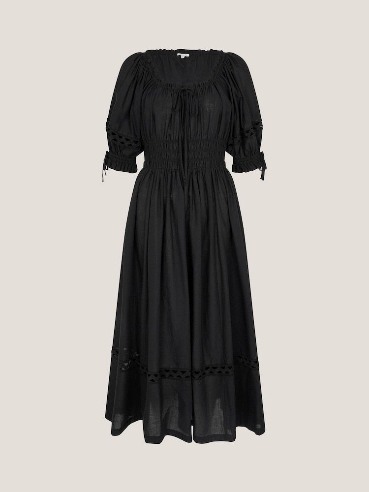 Monsoon Black Riley Puff Sleeve Embroidered Midi Dress - Image 5 of 5