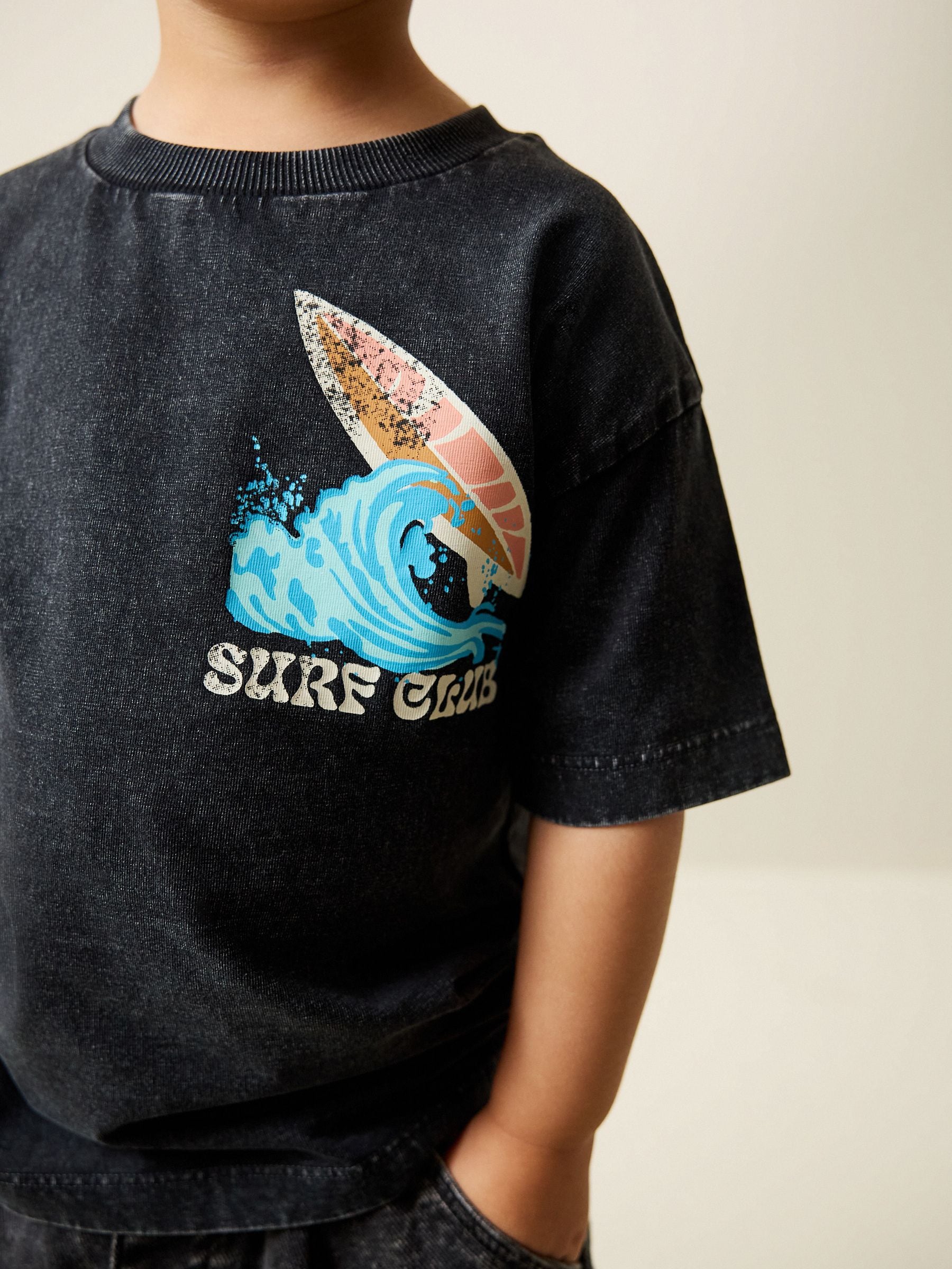 Buy Black Acid Wash Surf Club Oversized Short Sleeve Back Print T