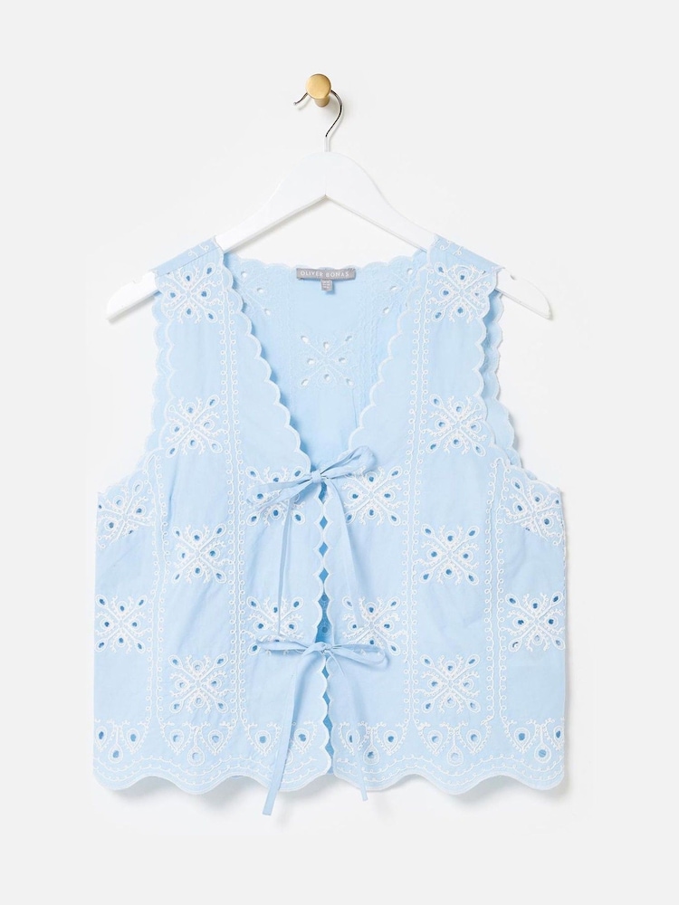 Oliver Bonas Blue Light Broderie Scalloped Tie Front Waistcoat - Image 1 of 5