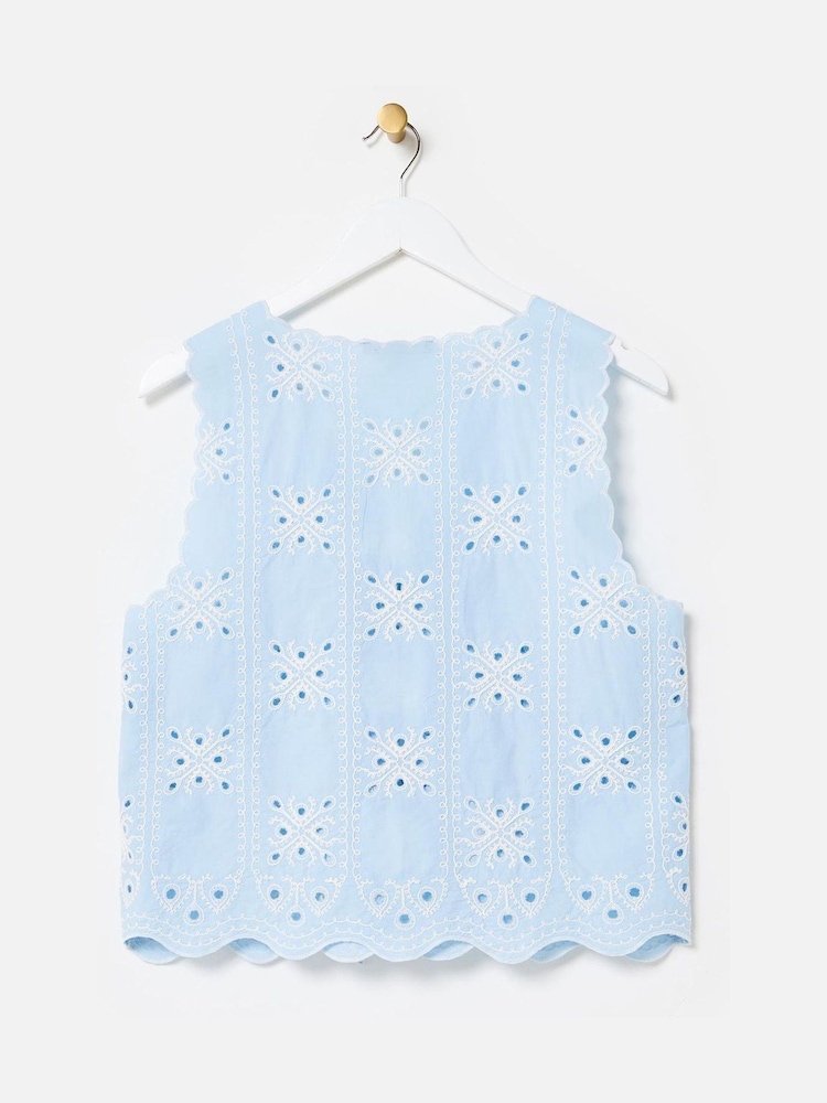 Oliver Bonas Blue Light Broderie Scalloped Tie Front Waistcoat - Image 2 of 5