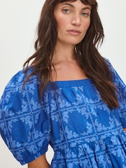 Oliver Bonas Blue Floral Print Broderie Tile Puff Sleeve Mini Dress - Image 2 of 7