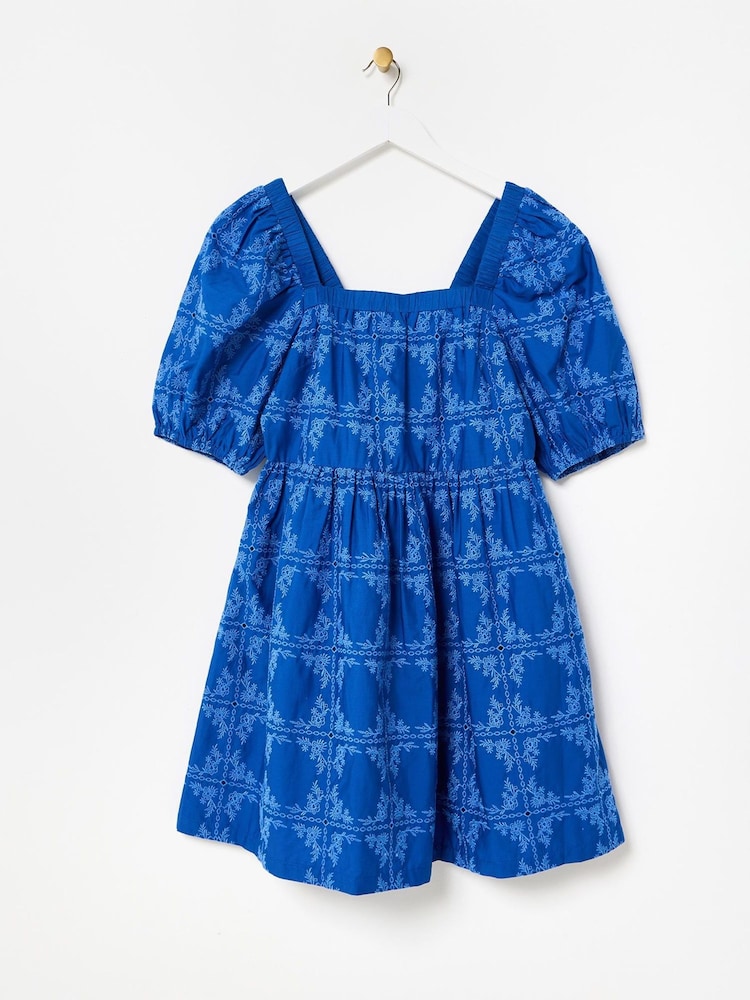 Oliver Bonas Blue Floral Print Broderie Tile Puff Sleeve Mini Dress - Image 3 of 7